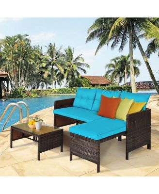 3 Pieces Outdoor Patio Corner Rattan Sofa Set-Turquoise