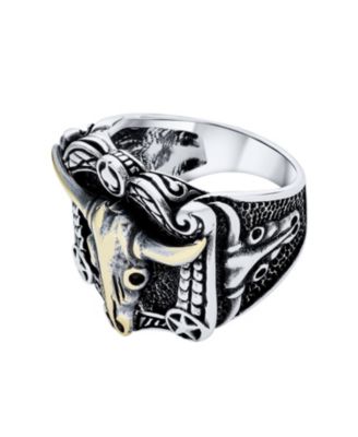 Black Textured Animal Buffalo Cow Skull Antelope Goat Big Texas Longhorn Skull Signet Ring Two Tone Sterling Silver