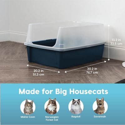 USA Extra Large Open Top Cat Litter Box with Scatter Shield, Sturdy Easy to Clean Open Air Kitty Litter Pan with Tall Spray, Navy