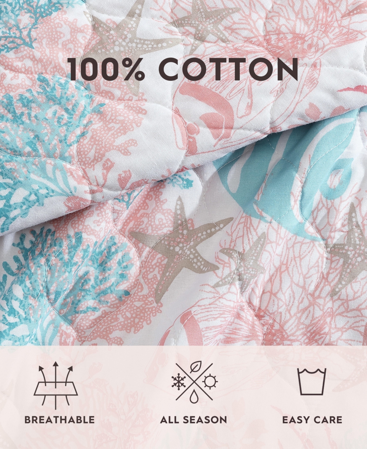 Laura Ashley Swimtime Reversible 3 Piece Quilt Set, King In White,coral,aqua