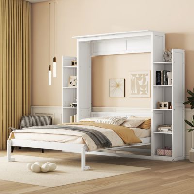Streamdale Queen Size Murphy Bed Wall Bed with Shelves and LED Lights, White