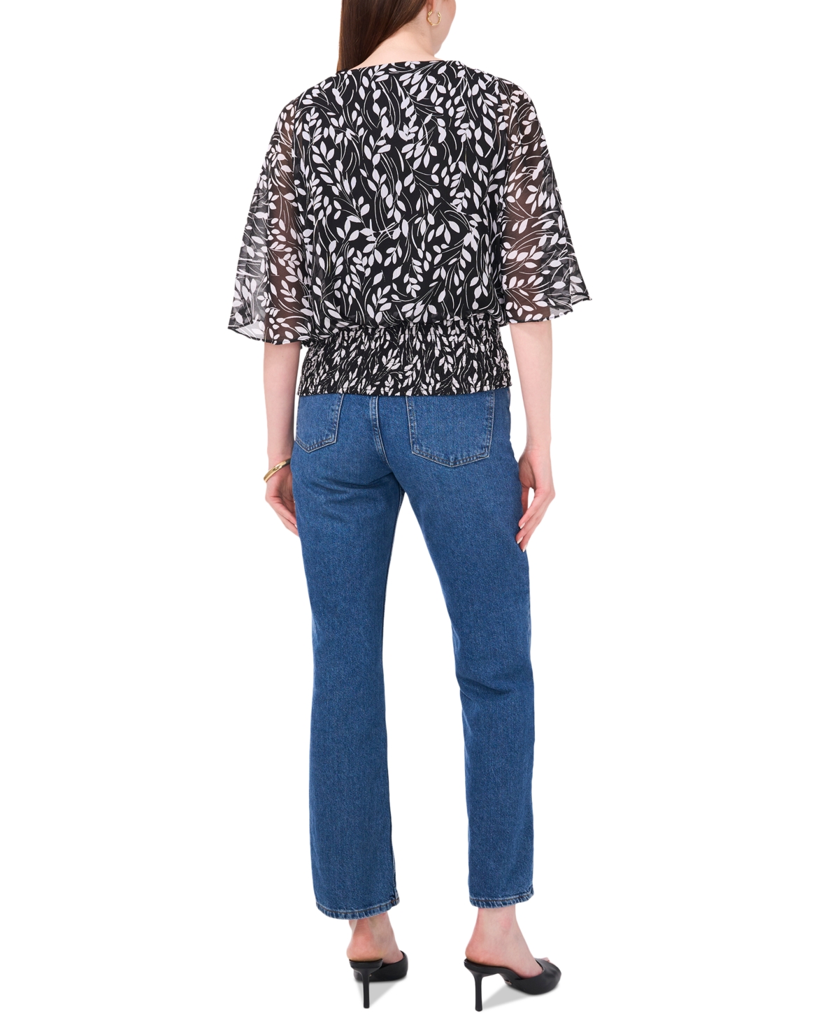 Sam & Jess Petite Printed Smocked Top -White