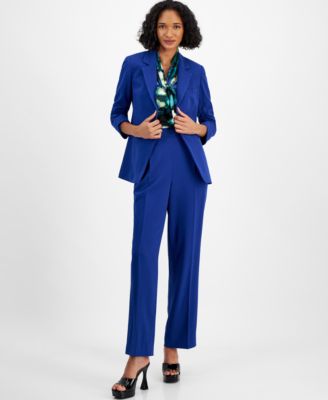 Womens Textured Crepe One Button Blazer Printed Satin Blouse Pull On High Waist Pants Created For Macys