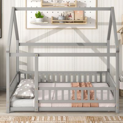 Wooden House Bed with Guardrails (Grey)