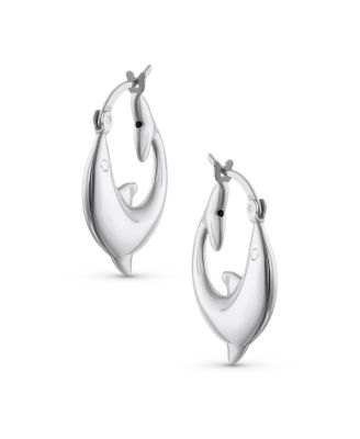 Hawaiian Nautical Vacation Honeymoon Ocean Marine Life Dolphin Hoop Earrings Gold Plated .925 Sterling Silver