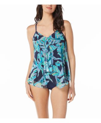 Beach House Ruffle Mesh Layer Underwire Tankini Top — V-Neck Bathing Suit Top — Periwinkle Paisley