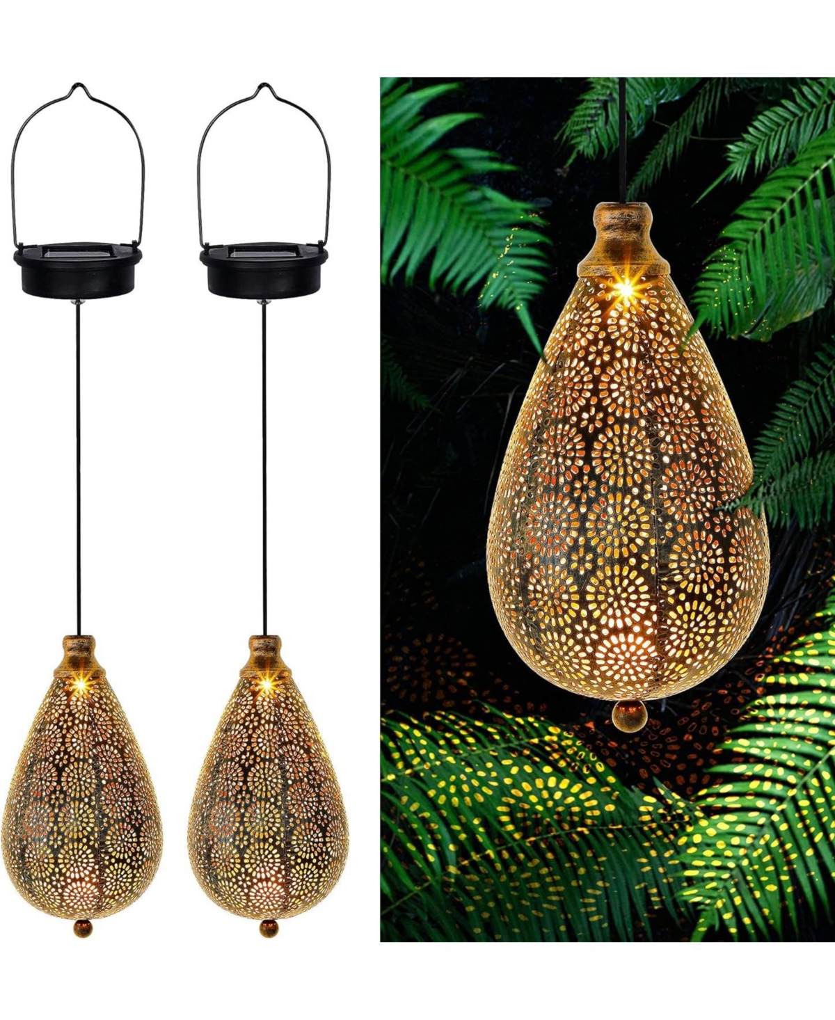 2-Pack Solar Hanging Lantern Lights Waterproof Garden Decor - Bronze - Boho Flower Shape Lamp