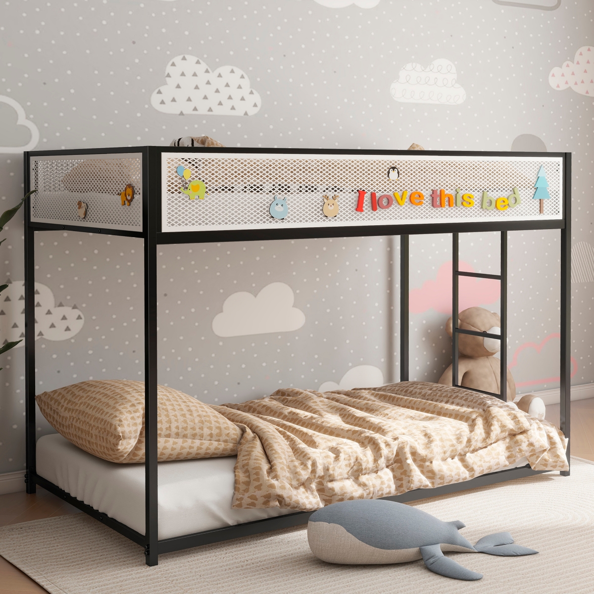 Simplie Fun Adam Twin Twin Bunk Black with White Mesh Guard Rail for Kids and Adult, Low Profile and Easy Climbing with Stable Ladder