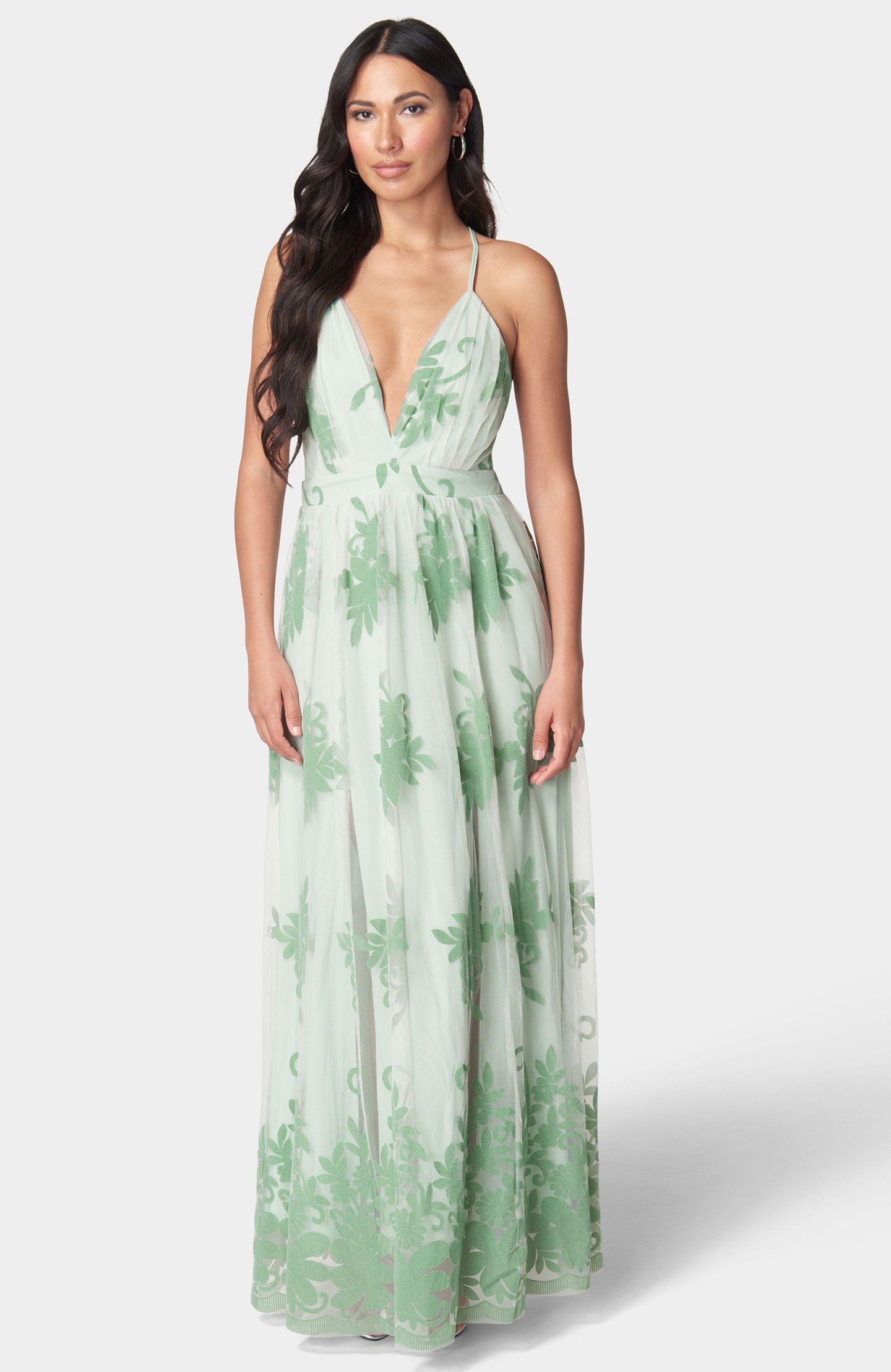 Женское платье Bebe Plunge Neck Embroidered Maxi, цвет: Оливковый — фото 1