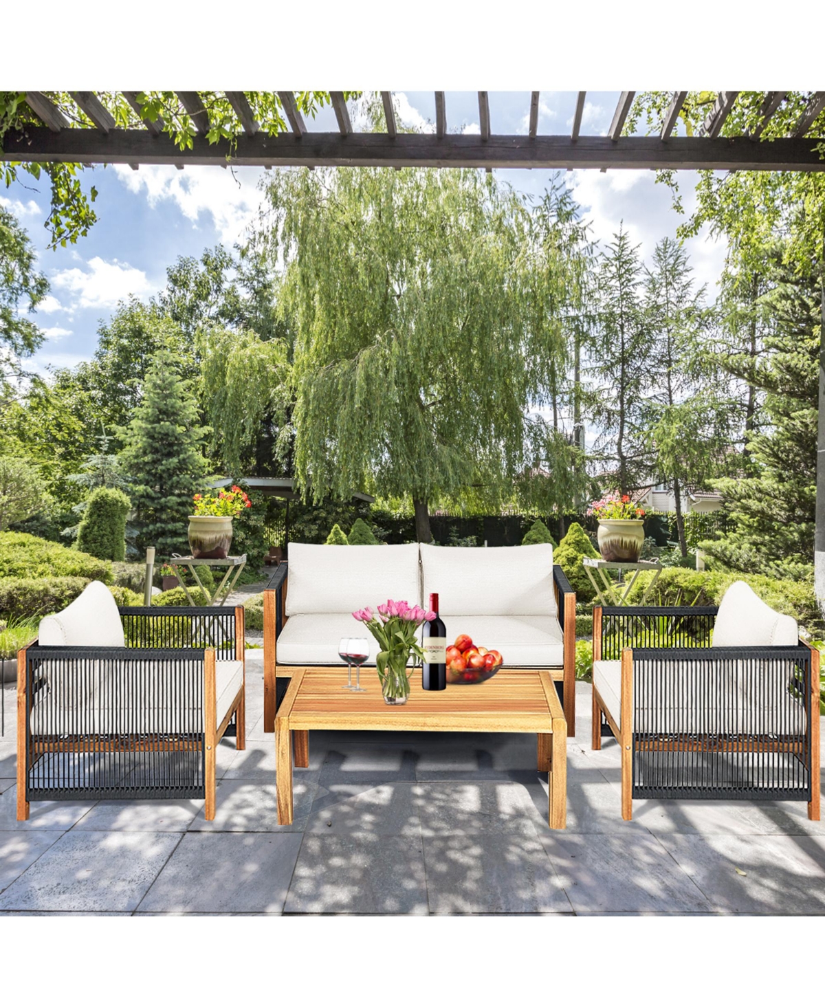 Gymax 8PCS Acacia Wood Outdoor Patio Furniture Conversation Set W/ White Cushions - White+natural