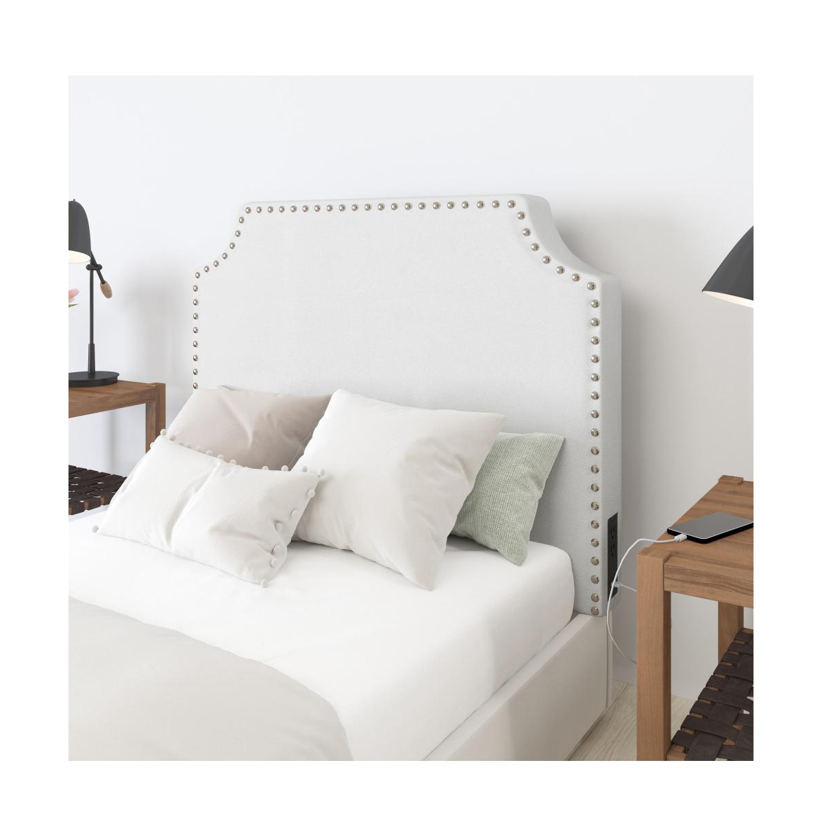 Merrick Lane Ribas Contoured Headboard With Studded Upholstery, Dual Hanging Options, Charging Station With 2 Outlets, Usb Port, Usb-c Port - White le