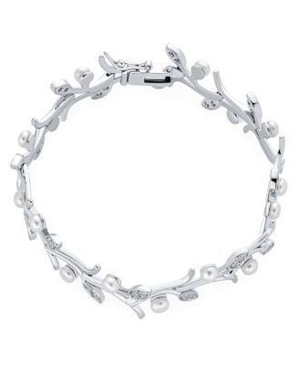 Multi Flowers CZ Wine Leaf White Freshwater Cultured Button Pearl Bracelet Rhodium 7 Inch
