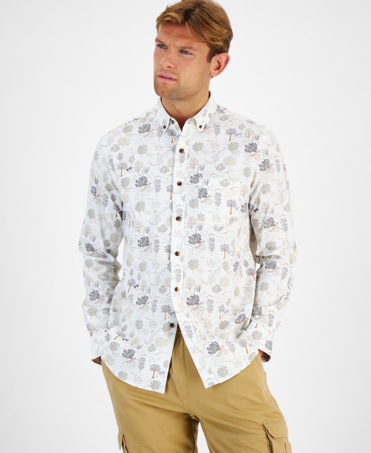 Club Room Men's Tree-pattern Cotton Shirt, Created For Macy's In Winter Ivory