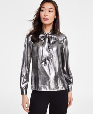 Anne Klein - Women's Metallic Scarf-Neck Buttoned-Cuff Top