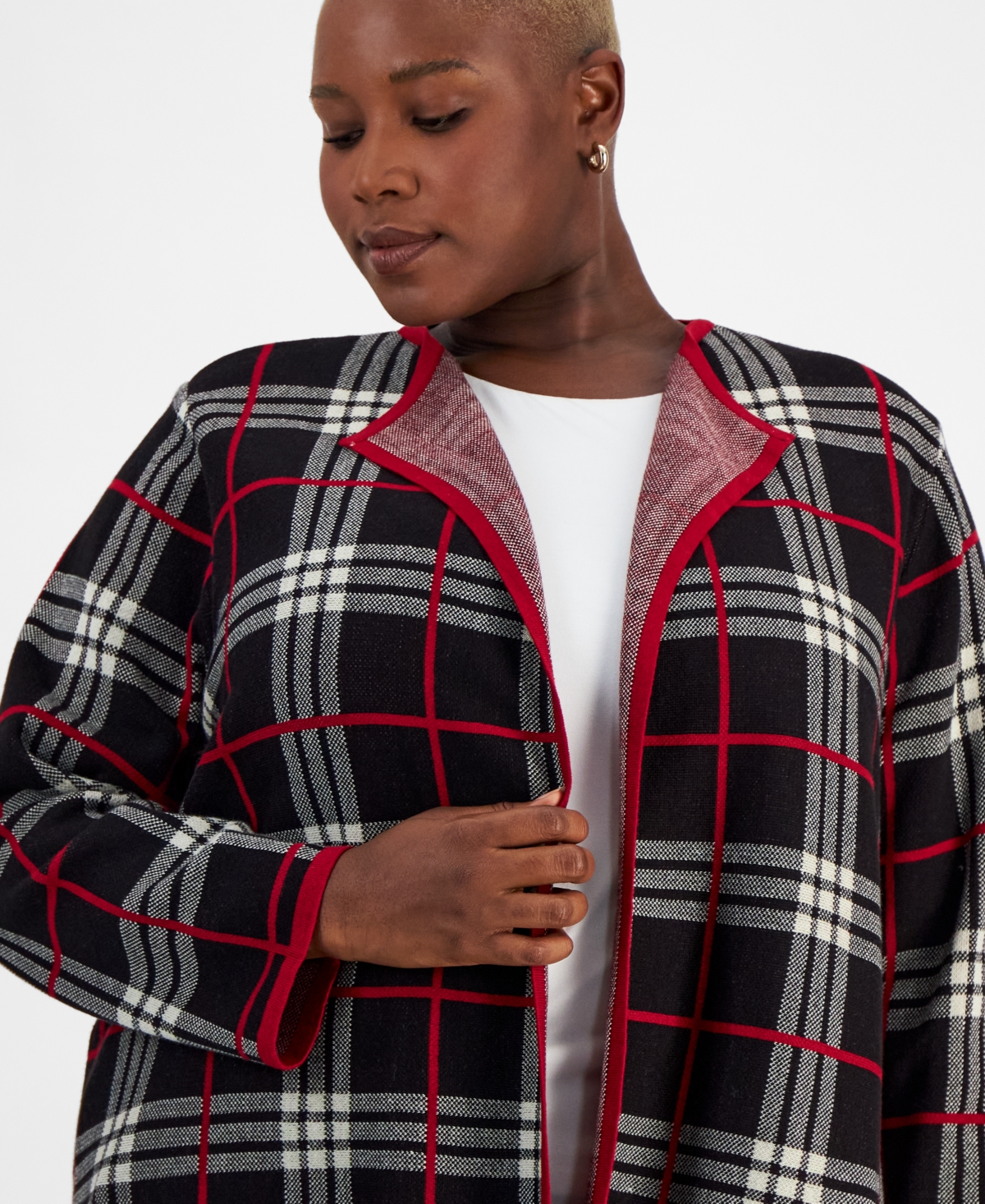 Kasper Plus Size Open-Front Plaid Long-Sleeve Cardigan