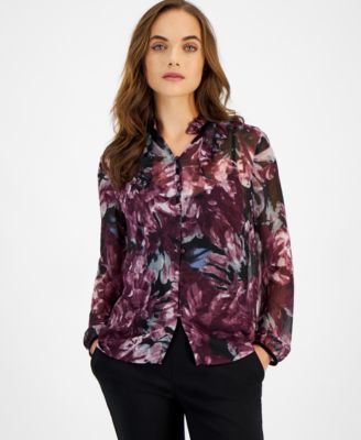 Anne Klein - Women's Printed Long Sleeve Button-Front Shirt, Created for Macy's