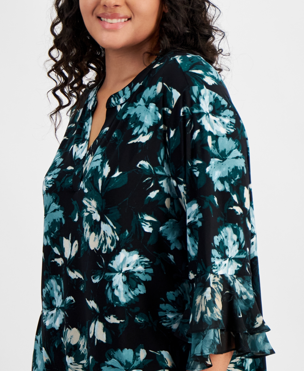 Kasper Plus Size Printed Split-Neck Bell-Sleeve Blouse