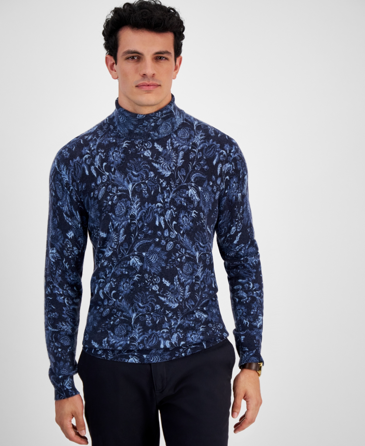 Men's Printed Cashmere Turtleneck Sweater, Created for Macy's - Navy Blue