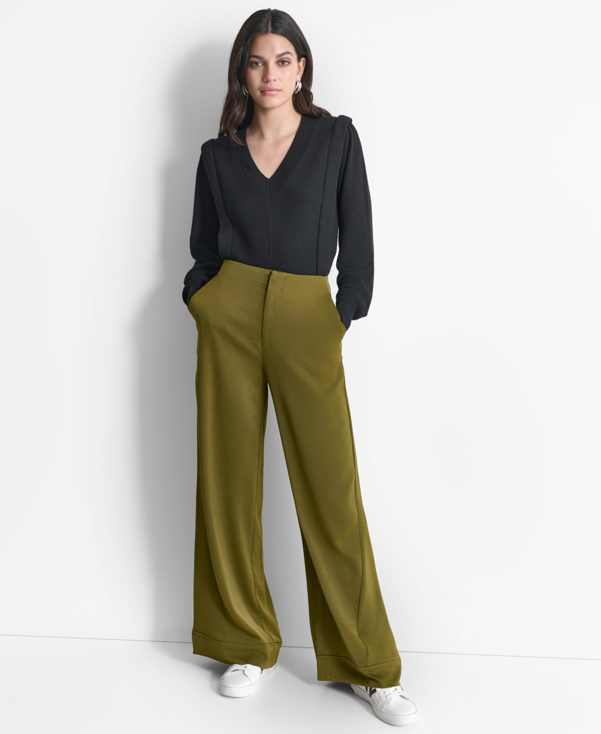 Dkny Women's Glazed High Rise Seamed-Cuff Wide-Leg Pants