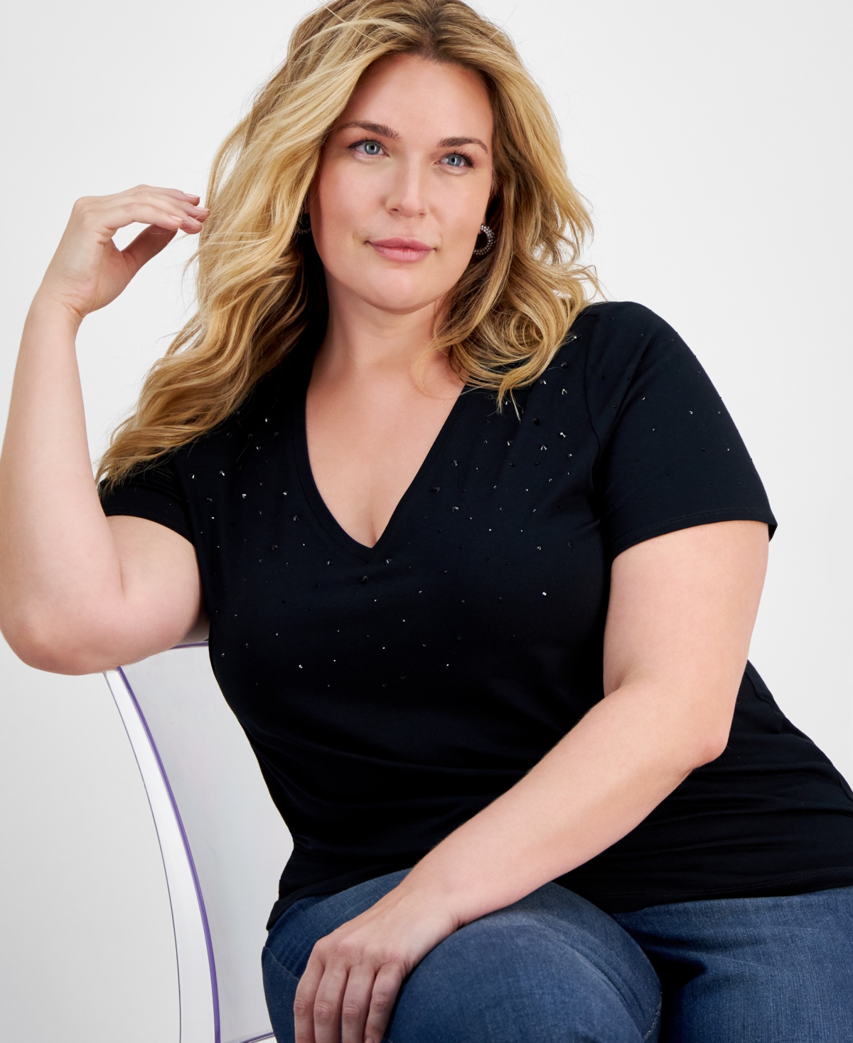 I.n.c. International Concepts Plus Size V-Neck Embellished T-Shirt, Created for Macy's
