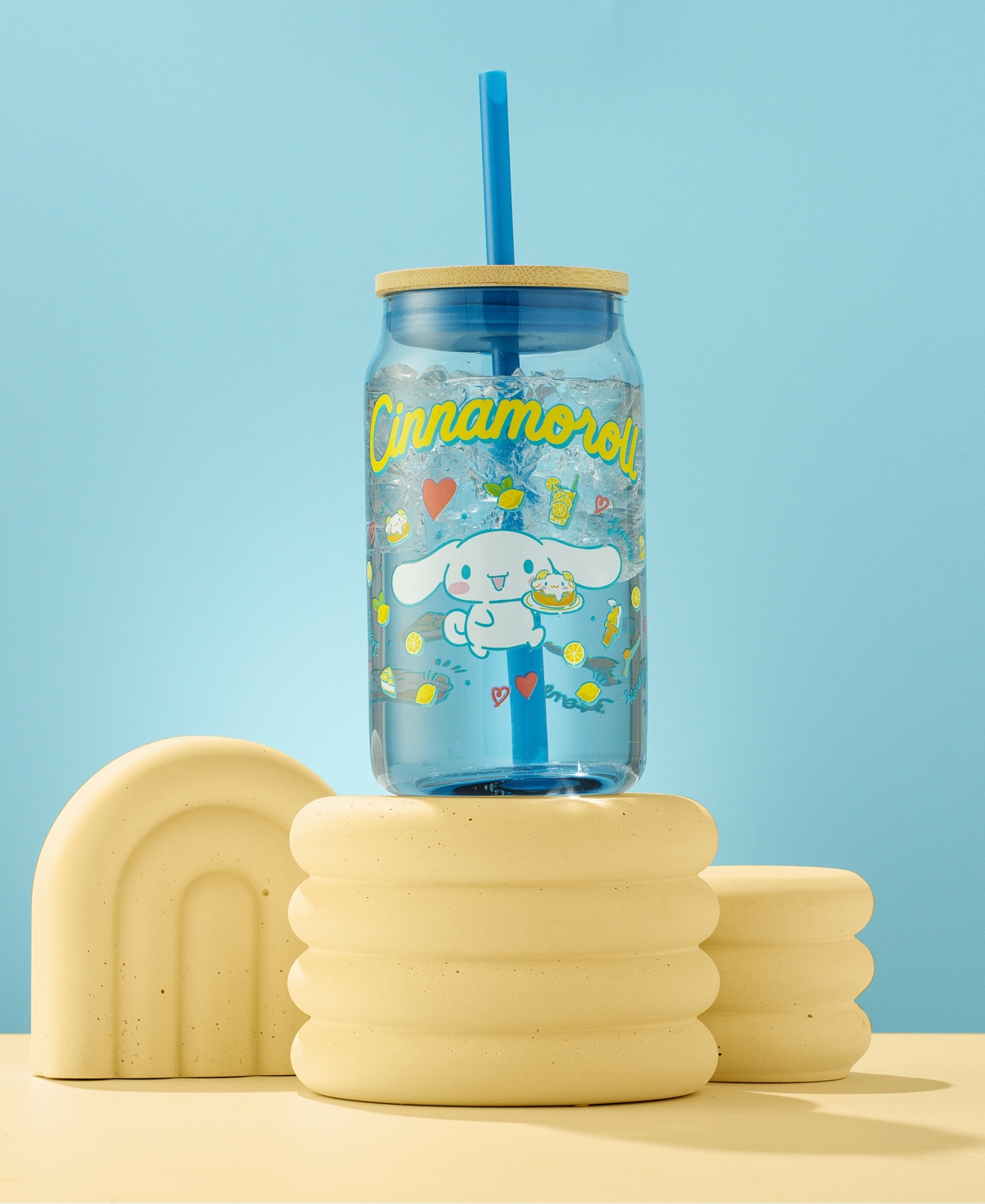 JOYJOLT HELLO KITTY AND FRIENDS FAVORITE FLAVOR CINNAMOROLL CAN SHAPED GLASS TUMBLER WITH WOOD LID AND STRAW 