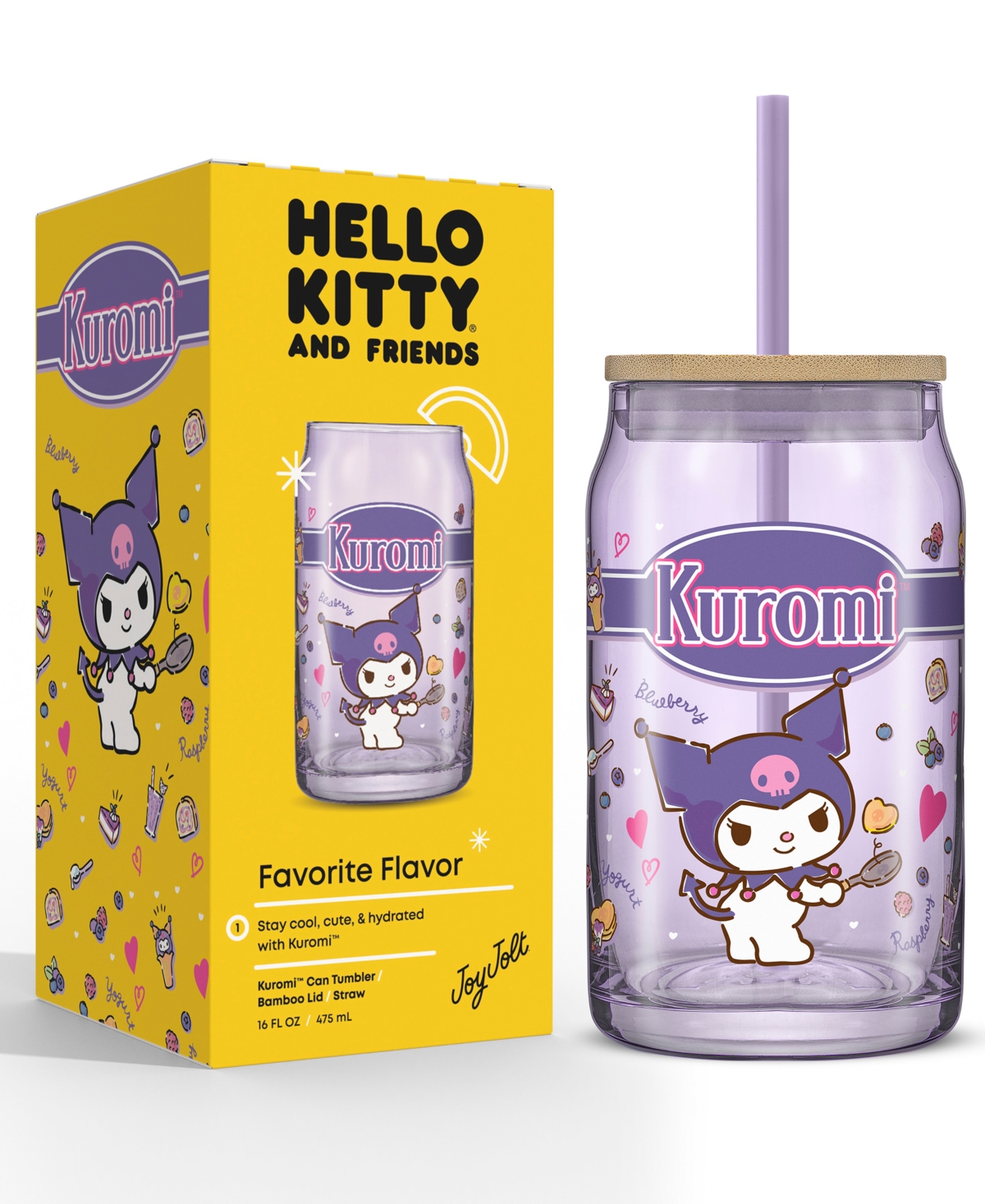 JoyJolt Hello Kitty and Friends Favorite Flavor Kuromi Can Shaped Glass Tumbler with Wood Lid and Straw