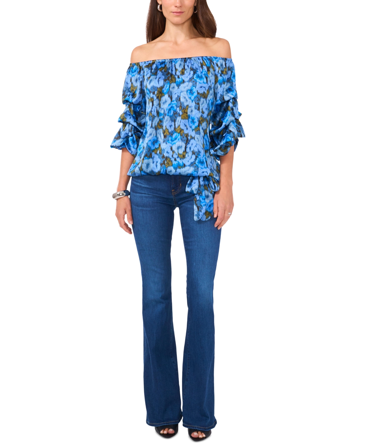 Vince Camuto Women's Floral Off The Shoulder Bubble Sleeve Tie Front Blouse