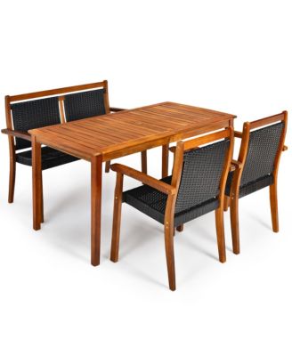 4PCS Patio Dining Set Acacia Wood Rattan Furniture Set w/ Umbrella Hole