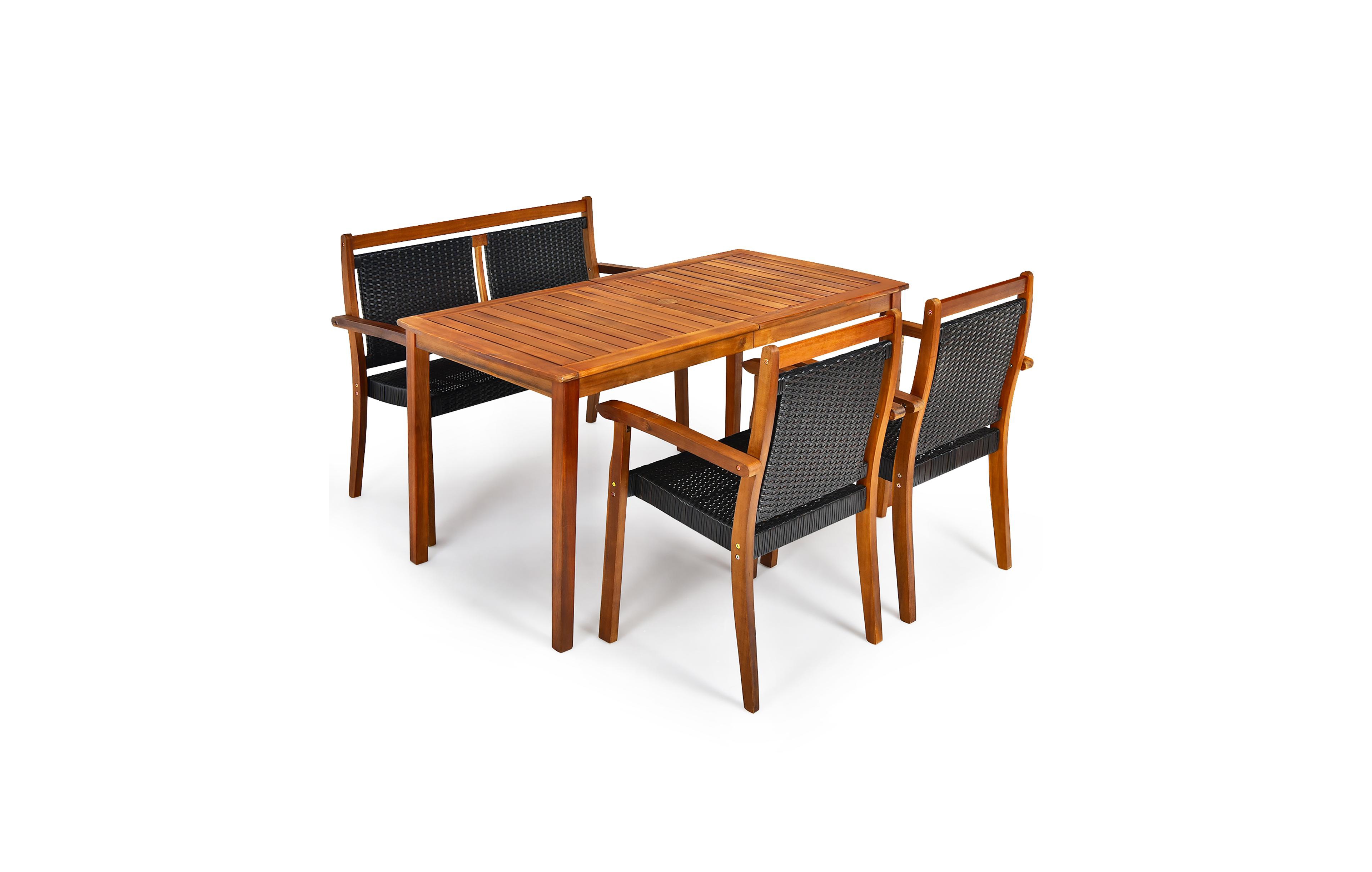 Gymax 4PCS Patio Dining Set Acacia Wood Rattan Furniture Set w/ Umbrella Hole