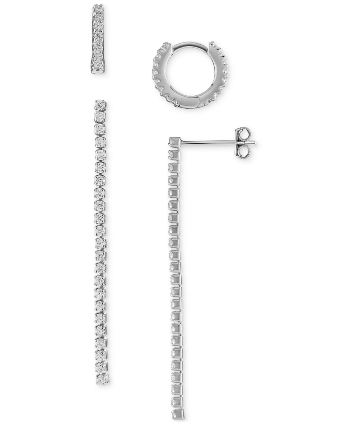 2-Pc. Set Cubic Zirconia Huggie Hoop & Linear Drop Earrings in Sterling Silver, Created for Macy's - Sterling Silver