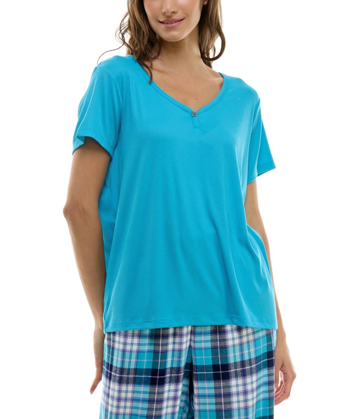 Women's Short-Sleeve Ribbed Henley Sleep Top - Peacoat