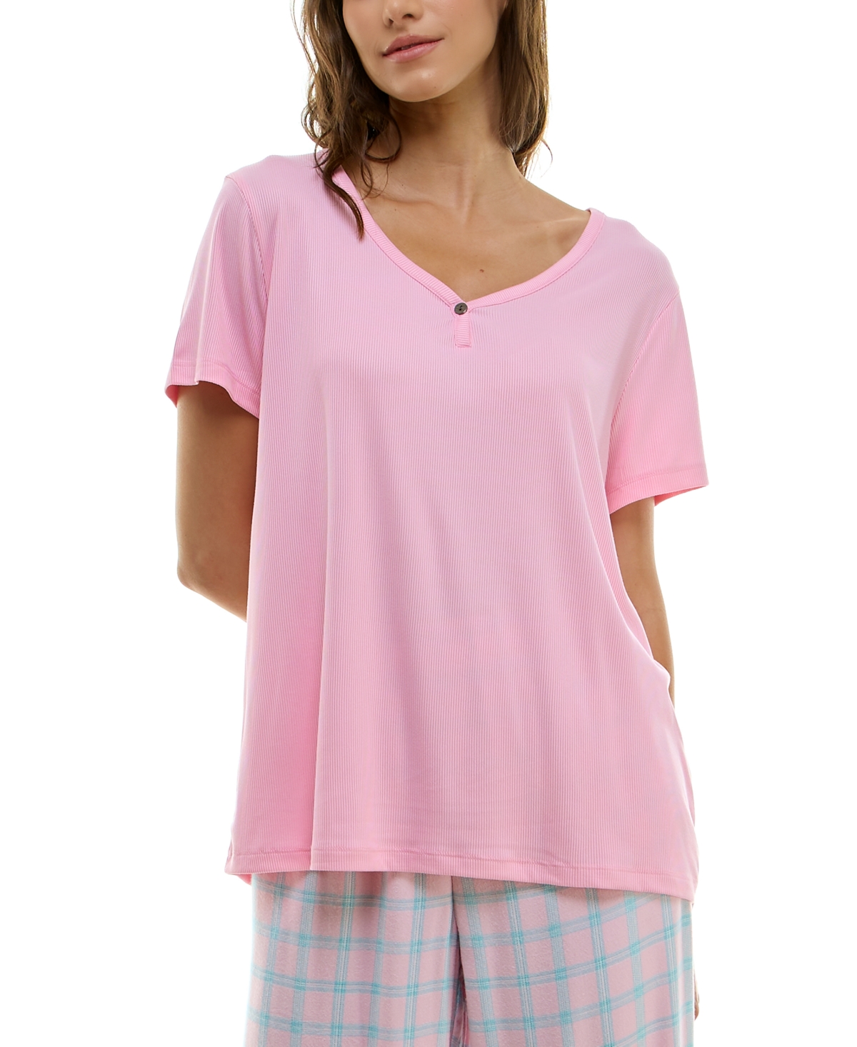Women's Short-Sleeve Ribbed Henley Sleep Top - Peacoat