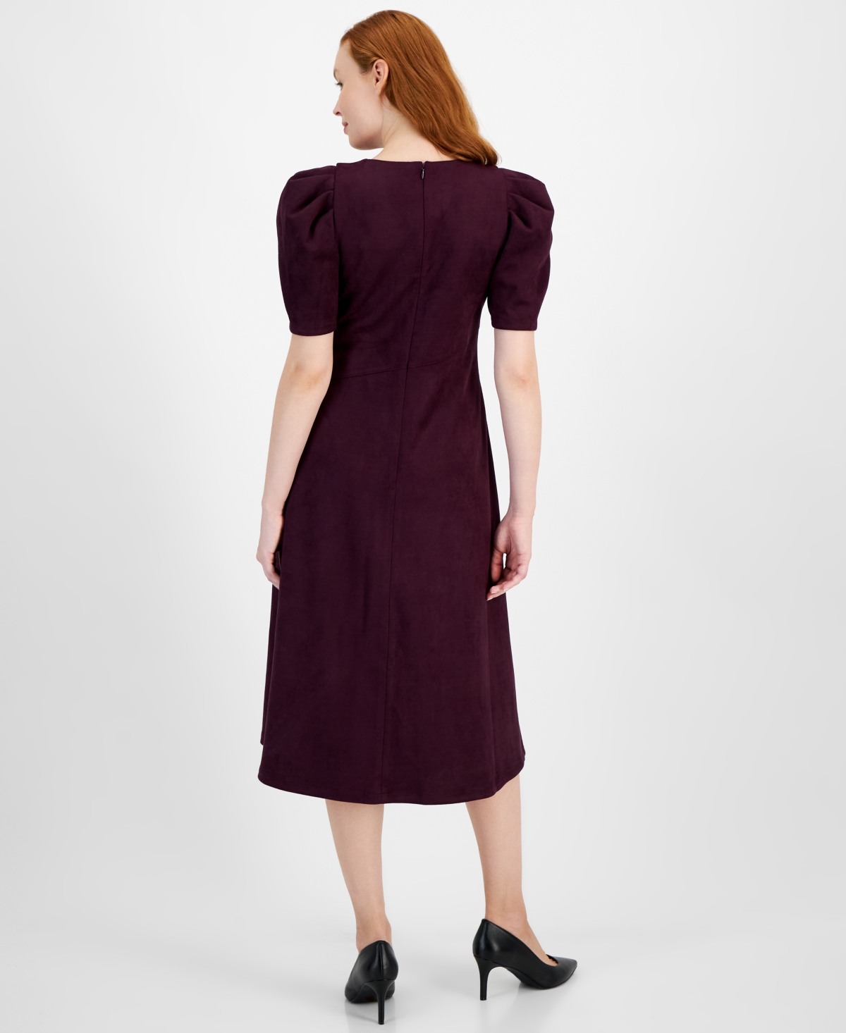 Anne Klein Women's Suede Puff-Sleeve Midi Dress