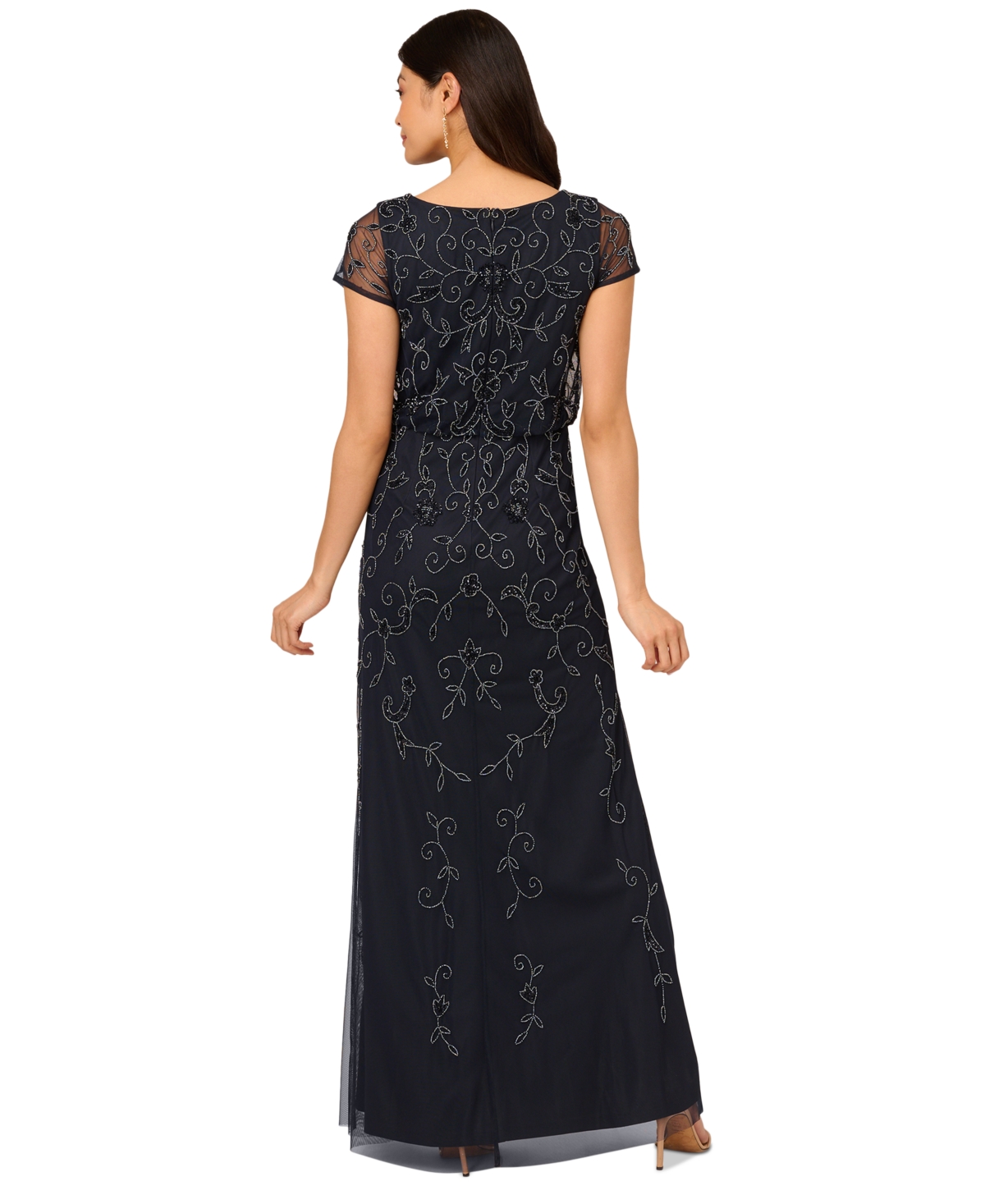 Adrianna Papell Beaded Mesh Gown In Midnight