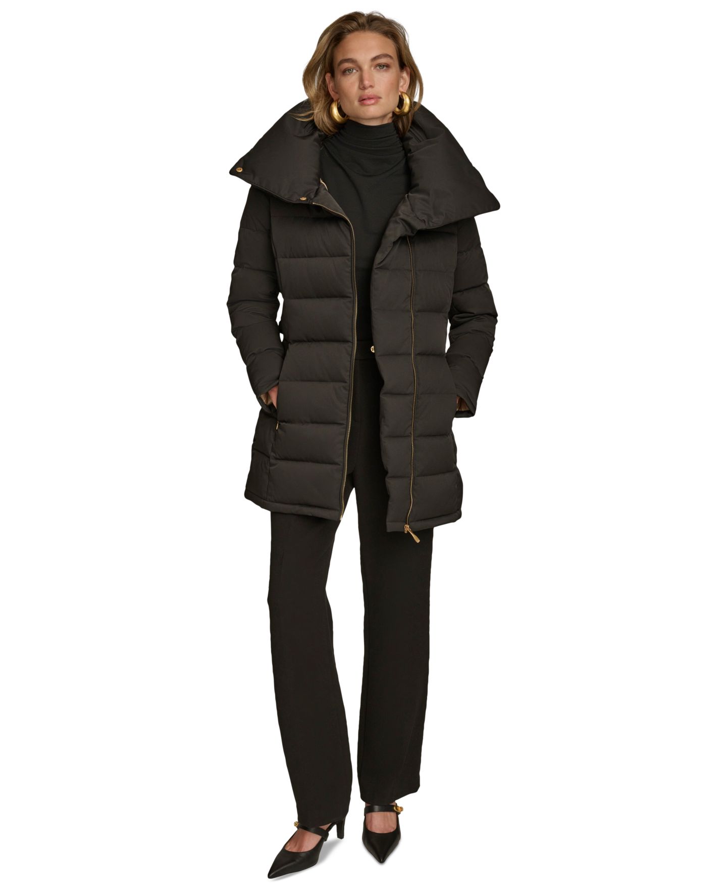 Женская куртка Donna Karan New York Belted Asymmetric Puffer, цвет: Чёрный — фото 2