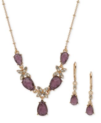 Anne Klein - Gold-Tone Pav&eacute; Flower & Stone Lariat Necklace & Drop Earrings Set