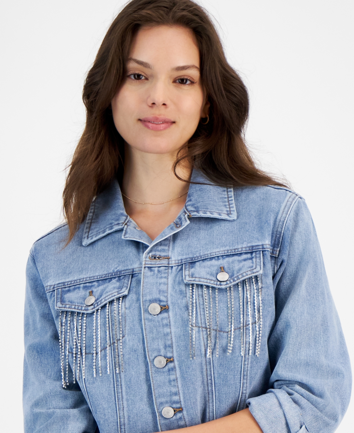 Madden Girl Juniors' Rhinestone-Fringe Denim Jacket