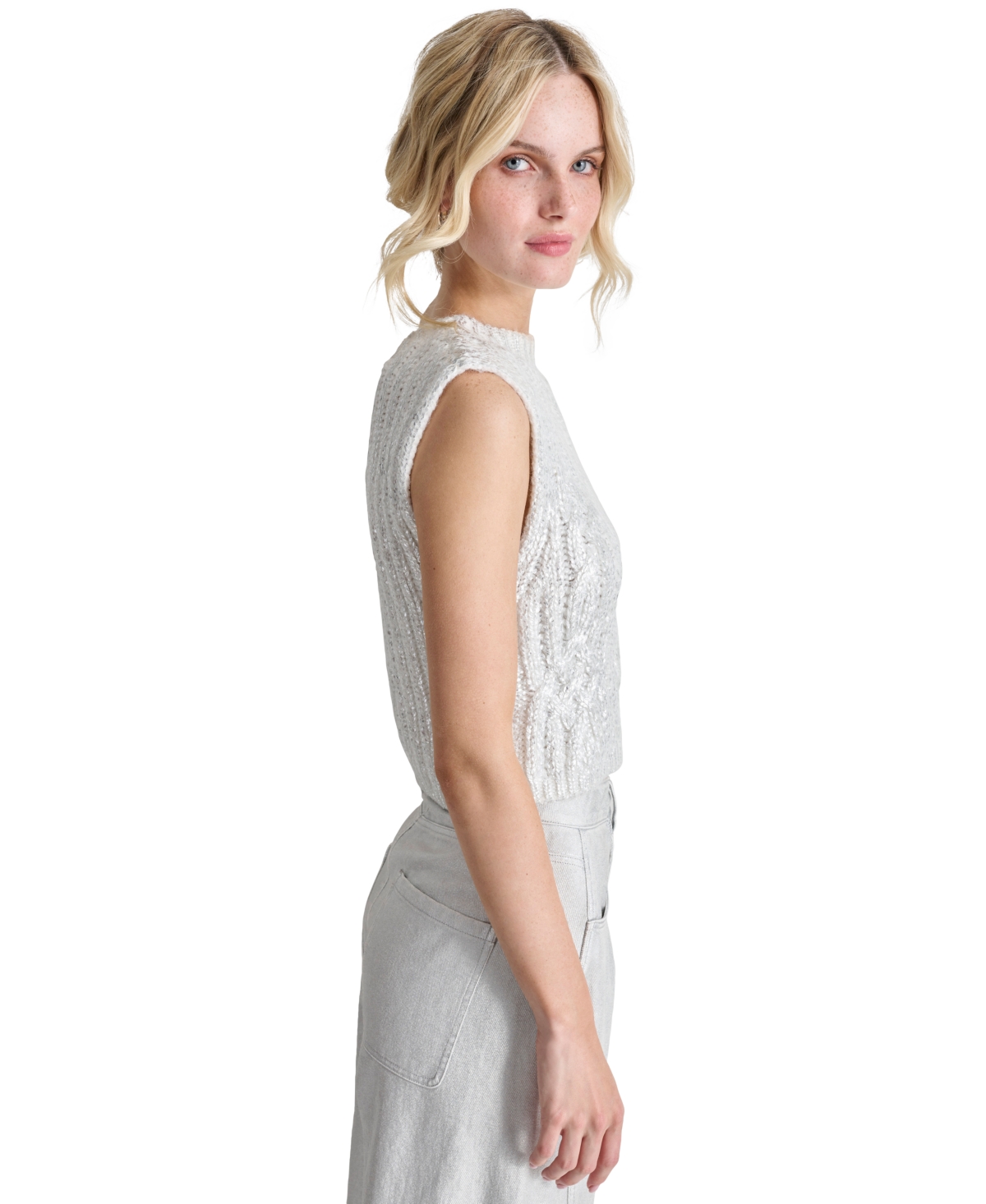 Dkny Jeans Petite Cropped Cable-Knit Metallic-Threaded Sleeveless Sweater -Silver