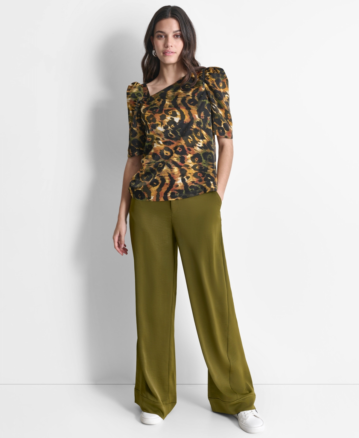 Dkny Women's Printed Asymmetric Zip-Shoulder Blouse