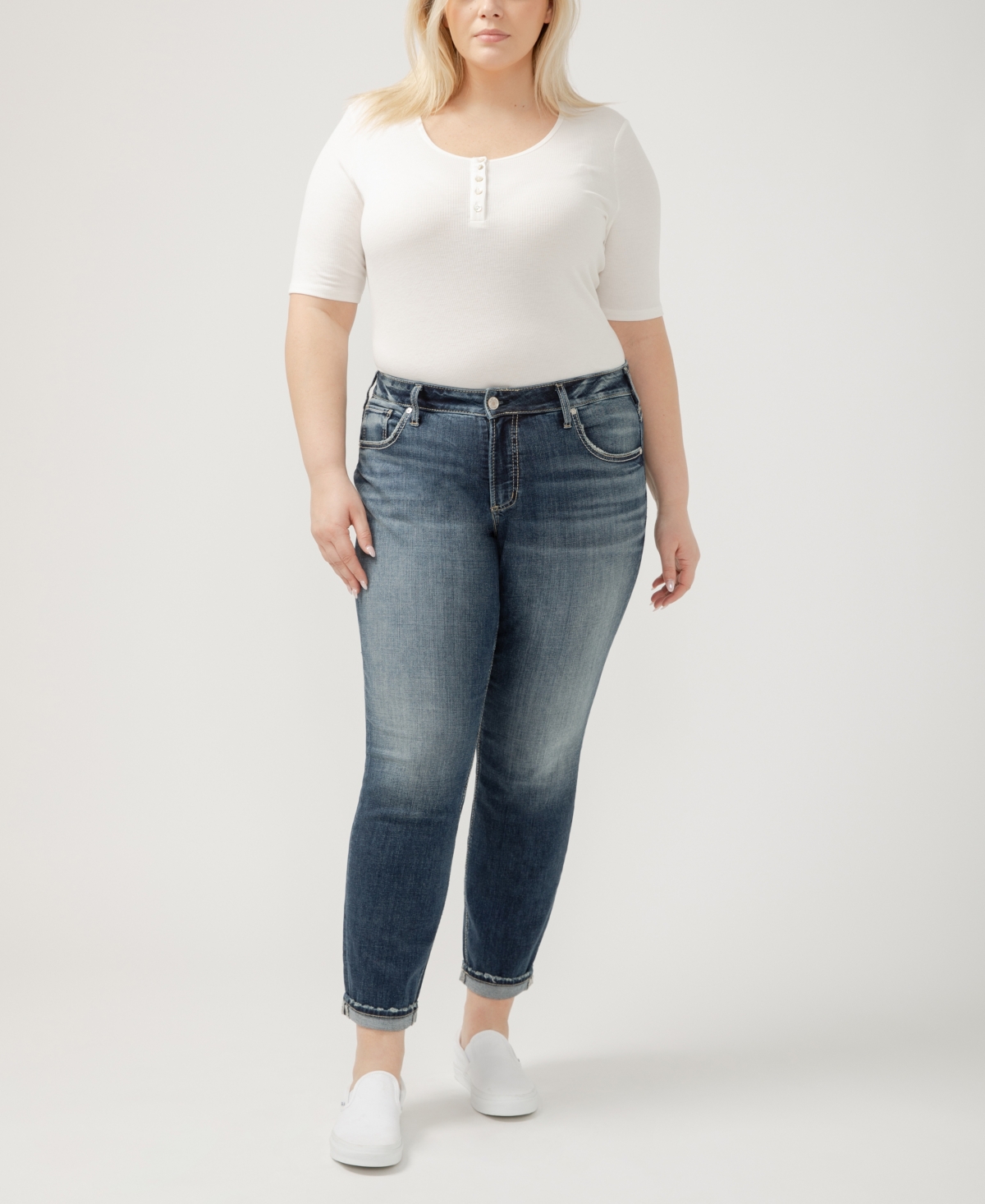 Shop Silver Jeans Co. Plus Size Boyfriend Mid Rise Slim Leg Luxe Stretch Jeans In Indigo