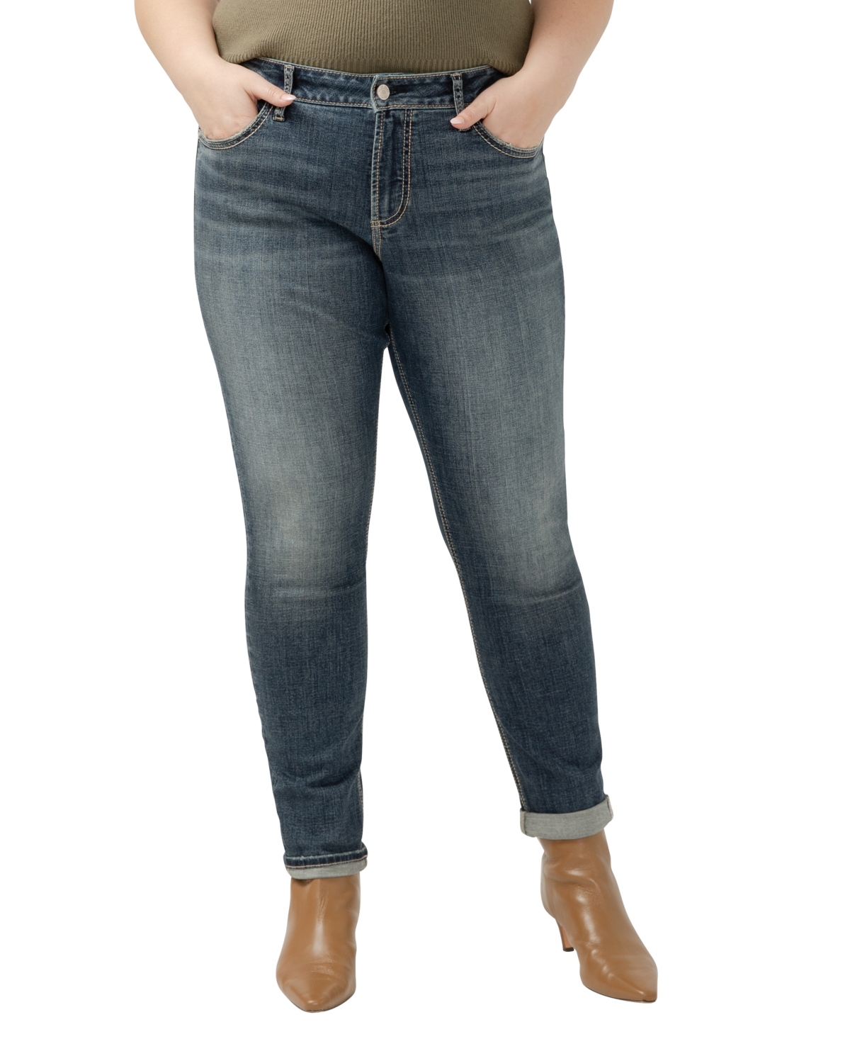 Shop Silver Jeans Co. Plus Size Girlfriend Mid Rise Skinny Leg Jeans In Indigo