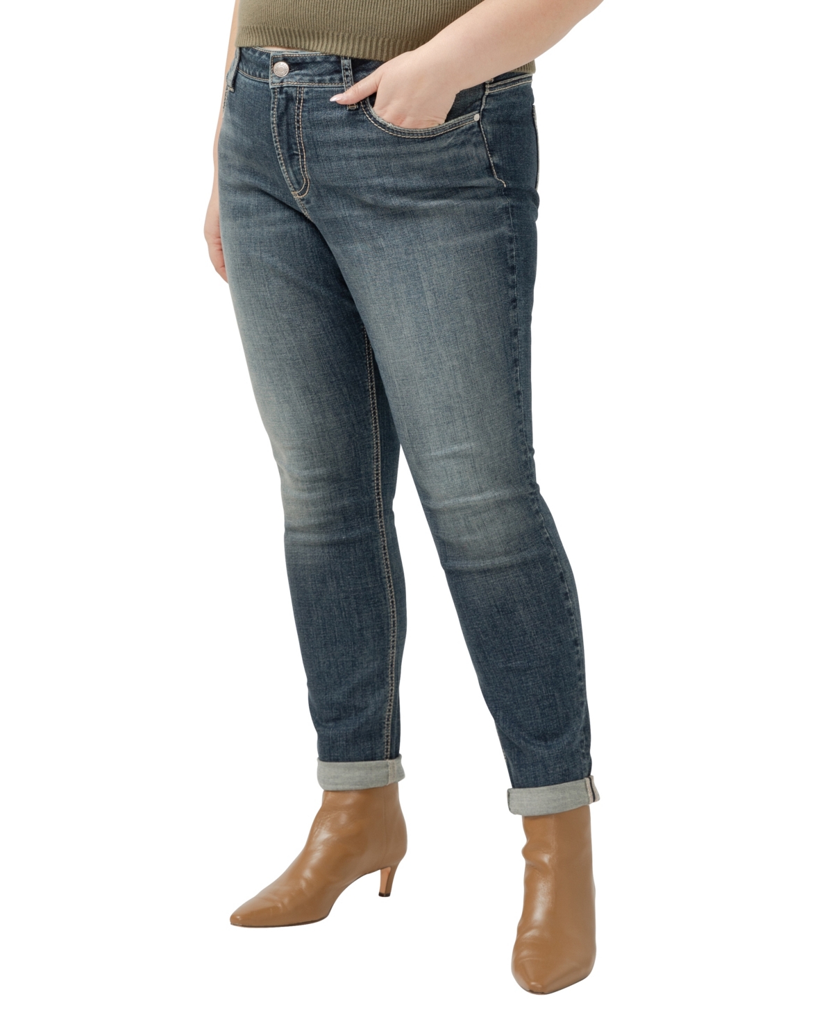 Shop Silver Jeans Co. Plus Size Girlfriend Mid Rise Skinny Leg Jeans In Indigo