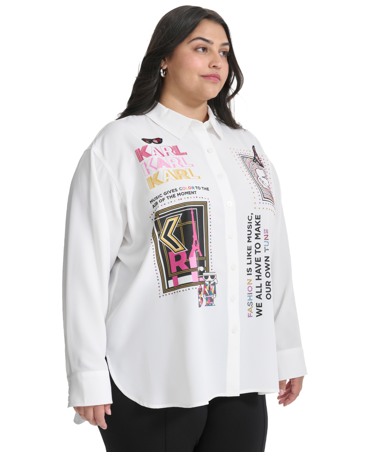 Karl Lagerfeld Paris Plus Size Embellished Printed Button-Front Shirt, Created for Macy's