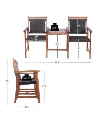 Patio Acacia Wood Conversation Companion Bench Loveseat Chair with Side Table