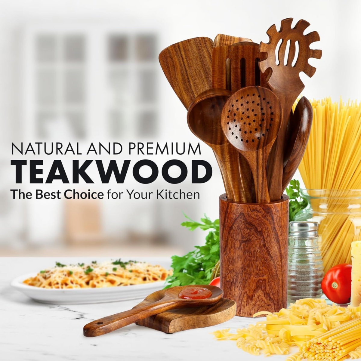 Zulay Kitchen 12-Piece Teak Wooden Utensils for Cooking - Natural Teak Utensil Set