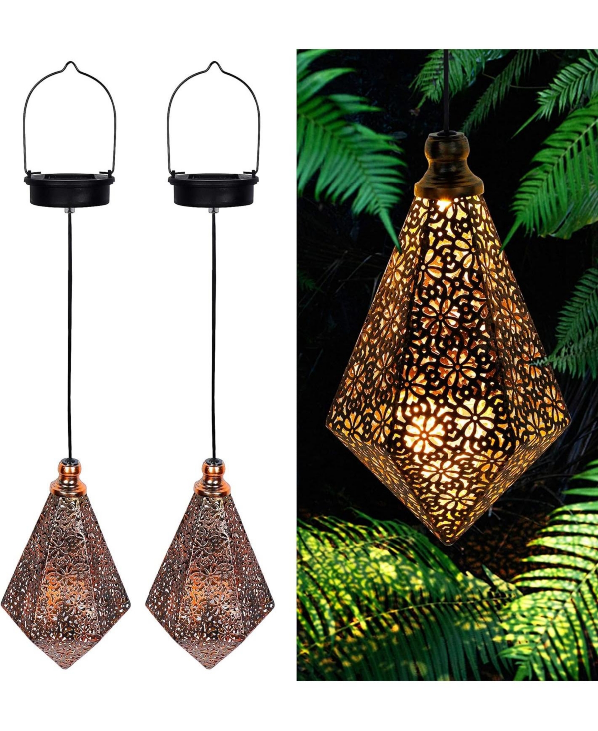 2-Pack Solar Hanging Lantern Lights Waterproof Garden Decor - Warm white - Diamond Shape Lamp