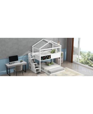 Over Full House Bunk Bed With Storage Staircase And Blackboard