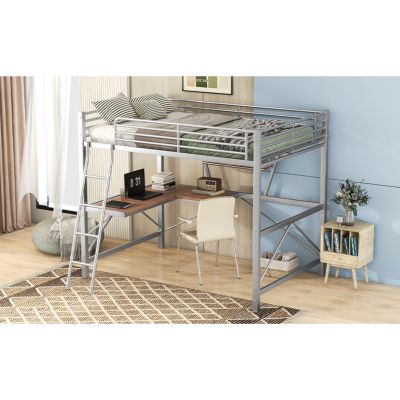 Full Size Loft Bed with Metal & MDF Frame, Desk and Shelf, Silver