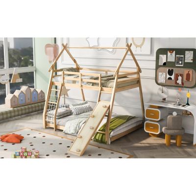 Streamdale Twin Over Queen House Bunk Bed With Climbing Nets And Climbing Ramp