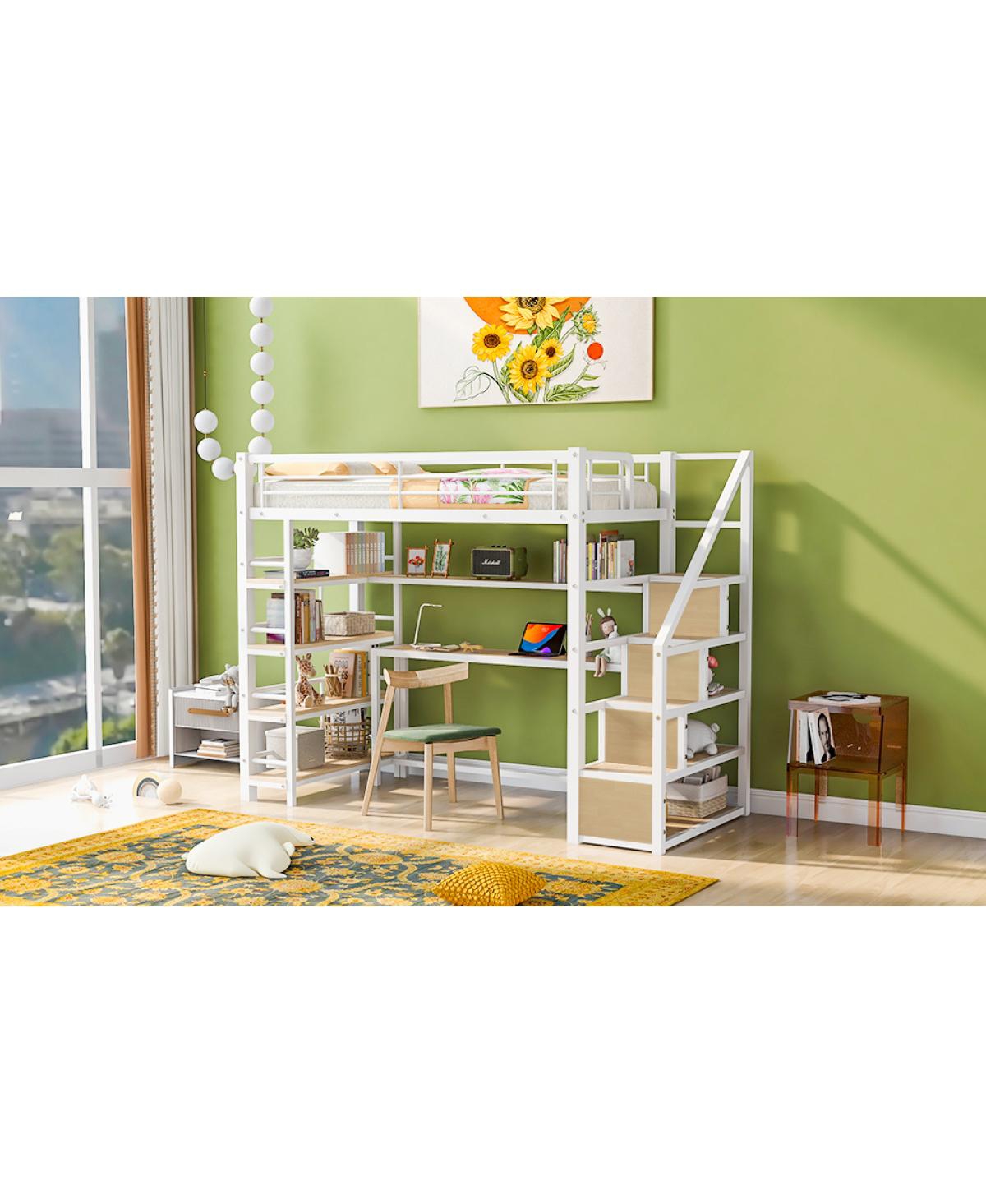 Simplie Fun Twin Size Metal Loft Bed With Staircase, Built-In Desk And Storage Shelves